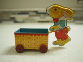 Vintage J.  Chein Tin Litho Rabbit Bunny Pushing Cart Toy Easter