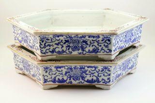 Antique 18thc Chinese Porcelain Blue Enamel Hexagonal Planter Dish Bowl