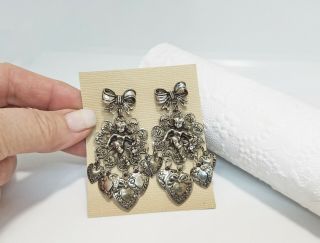 Vintage Antiqued Silver Tone Filigree Angel And Hearts Dangle Earrings