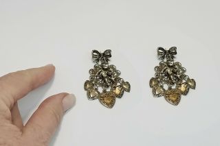 Vintage Antiqued Silver Tone Filigree Angel and Hearts Dangle Earrings 2