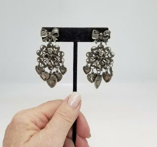 Vintage Antiqued Silver Tone Filigree Angel and Hearts Dangle Earrings 3