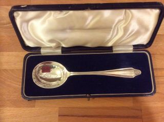 Boxed Vintage Silver Plated Serving Spoon With Etched Bowl.  20cm.