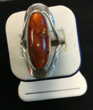 Signed Sterling Silver 925 Ring Sz 8.  5 Amber Vintage Design 11.  5 Grams