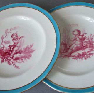 2 Antique 19thc Minton Hand Painted Porcelain Plates Cherubs Celeste Blue,  Gilt