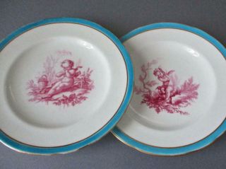 2 Antique 19thC MINTON Hand Painted Porcelain Plates CHERUBS Celeste Blue,  GILT 2