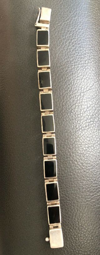 Large Vintage Stamped Bracelet Hand Hammered Sterling 925 With Black Onyx Insets