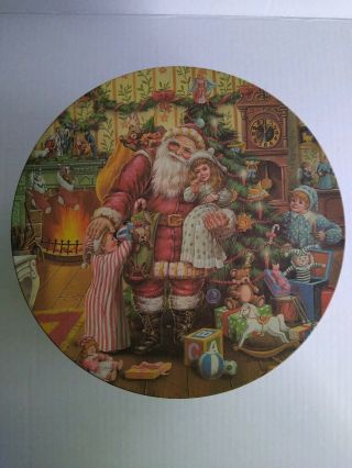 Vintage Santa Christmas Scenes Round Litho Tin Can Advertising Tin Container