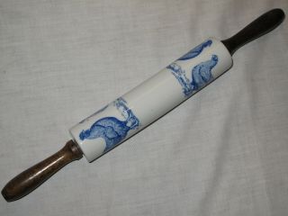 Vintage Porcelain Ceramic Rolling Pin Blue On White Rooster Chickens Wood Handle