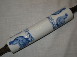 Vintage Porcelain Ceramic Rolling Pin Blue on White Rooster Chickens Wood Handle 2