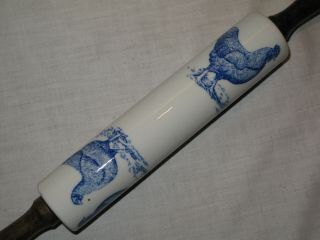 Vintage Porcelain Ceramic Rolling Pin Blue on White Rooster Chickens Wood Handle 3