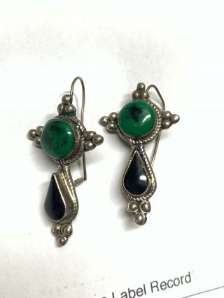 Sterling Silver Vtg Taxco Mexico Cross Stone Black Onyx & Jade ? Earrings