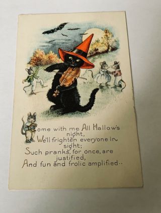 Vintage Whitney Halloween Postcard - Black Cat - Witch Hat - Mice Dance
