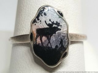 Sterling Silver Enamel Lonely Moose In Forest Vintage Ladies Ring Size 7