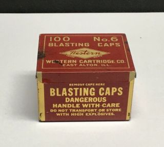 Vintage Mining Western Cartridge Co.  100 No.  6 Blasting Caps Tin East Alton Il