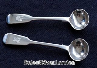 Antique Solid Silver Mustard Spoons With Engraved Crests,  C1840
