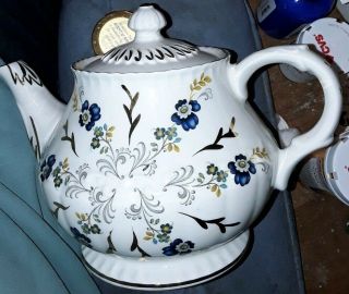 Vintage Ellgreave Tea Pot Ironstone Wood & Son England Blue Flowers Gold Trim 6 "