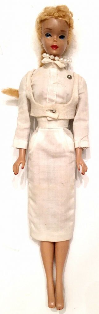 Vintage 1958 Mcmlviii Blonde Braid Barbie Doll 3 Or 4 Blue Eye Liner