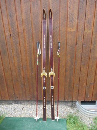 Vintage Wooden 72 " Skis Has Brown Finish And Bamboo Ski Poles