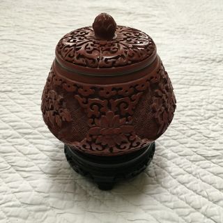 Vintage Chinese Carved Lacquer Red Carved Floral Cinnabar Ginger Jar About 5x5”