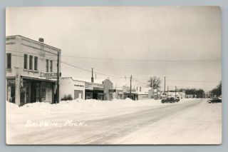 Snowy Main Street Baldwin Michigan Rppc Vintage Photo Lake County 1951