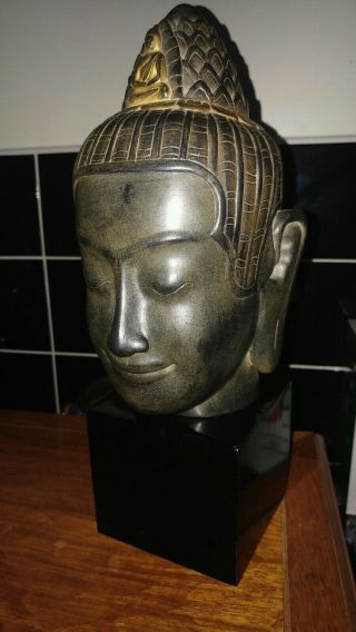 Lovely Buddha Head Statue From Cambodia On Wooden Base 11 " Tall
