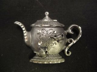 Vintage Teapot Brooch Pin & Matching Earrings Pewter Metal Gift Set Chic