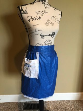 Vintage Half Apron White With Blue Embroidered Flowers Lace Hand Made