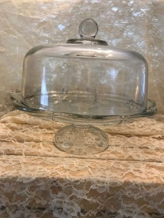 Vintage Heavy Clear Glass Dome Covered Pedestal Pastry Cake Plate Stand