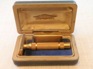 Vintage Gillette Safety Razor In Gold With Razor Blade Case & Box