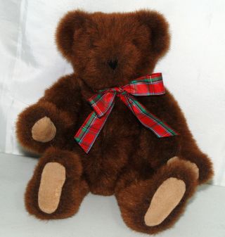 Vtg Vermont Teddy Bear Plush Soft Stuffed Animal Brown Red Bow Glass Eyes Gift