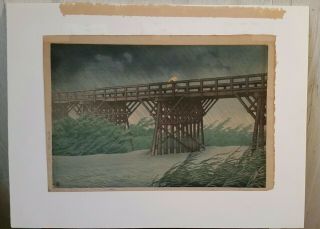 1930s Kawase Hasui Japanese Woodblock Print Sudden Shower At Imai Bridge