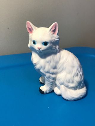 Vintage Porcelain White Persian Cat Kitten Bank Collectible 5” Hand Signed 1973