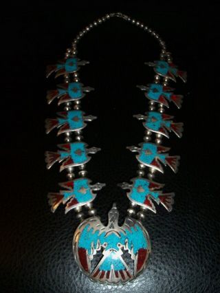 Antique Navajo Indian Peyote Bird Squash Blossom Necklace.