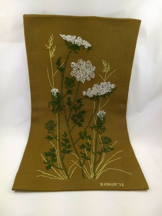 Vintage Completed Finished Crewel Embroidery Queen Anns Lace Flowers 1972