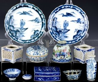 Estate Group Chinese Blue White Famille Rose Water Pot Plates Censer Jars Vase