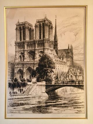 Antique Charles Pinet Large Notre Dame Cathedrale Paris Signed Etching