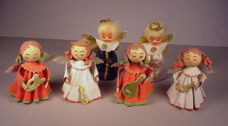 Vintage Mod Christmas 6 Angel Decorations Cardboard & Vinyl 1960 