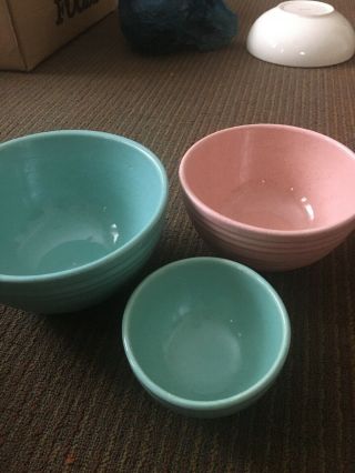 Set 3 Vtg Mccoy Pottery Pastel Pink Teal Aqua Nesting Baking Bowls 5” 7” 8”