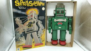 Vintage Ha Ha Toys Tin Battery Operated Smoking Spaceman Robot Green - Collector