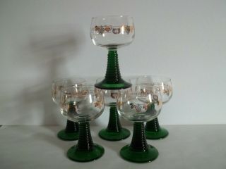 Roemer Vintage German Glass Green Beehive Stem Wine Goblet Set Of 6