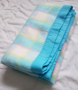 Vintage Esmond 100 Acrylic Satin Trim Pastel Checker Baby Blanket Nursery Crib