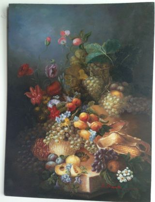 Antique 19th Century Floral And Fruit Oil Painting On Board Still Life 16x12 "