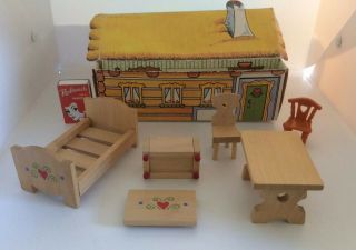 Vintage Czech Folk Dolls House Furniture Polished Light Wood Pop Up Cottage Box