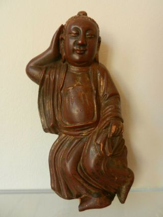 Antique 19th C Chinese Qing Lacquered Gilt Wood Happy Buddha Hotei Statue.