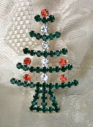 Vtg Rhinestone Christmas Tree Brooch Prong Set Green Red Stone Xmas Holiday Pin