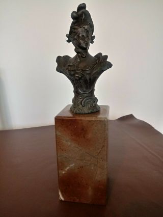 French 19th Century Bronze Bust Of A Lady A On Marble Plinth.