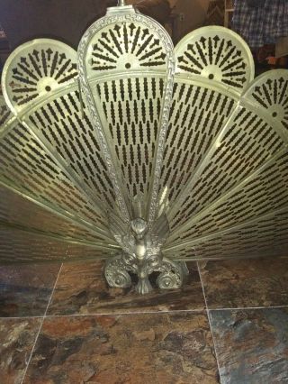 Vintage Victorian/gothic Ornate Gargoyle/peacock? Brass Fan Fireplace Screen