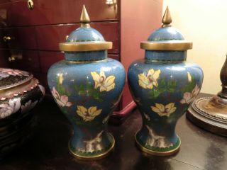 Vintage Chinese Enamel Cloisonne Vase Mirror Pair Blue China 8 Inches Nr
