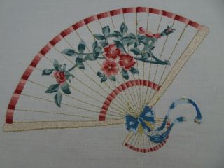 Vtg Completed Crewel Embroidery Hand Fan W Floral Flowers Linen Finished Panel