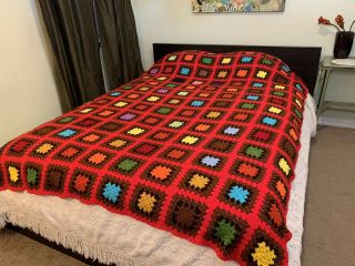 Vtg Handmade Crochet Granny Square Afghan Blanket Large Queen Size 69x91